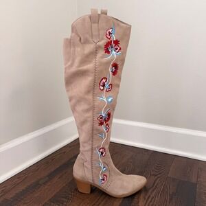 Carlos Santana Alexia Over The Knee Boots in Tan Embroidered Floral Pattern 8.5